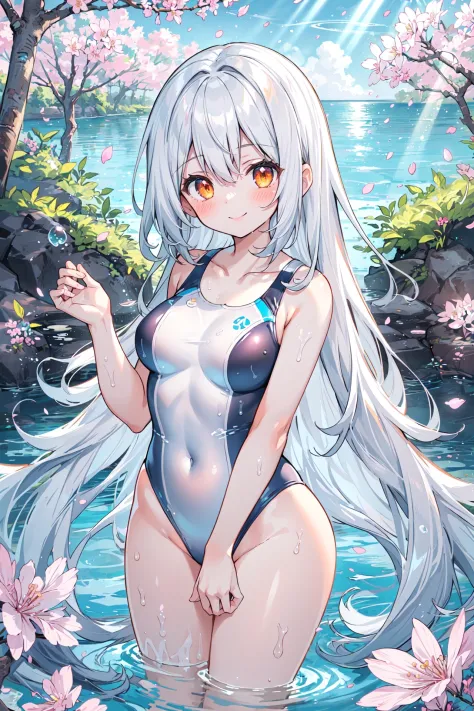 (best quality:1.05), 1girl, outdoors, cherry blossoms, sun rays, lake, dappled sunlight, light particles, light rays, blush, smile, very long hair, white hair, orange eyes, swimsuit, swimming, clear water, water ripple, medium breast,  dynamic lighting, in...