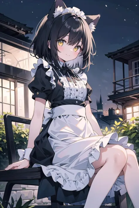 (masterpiece),  scenery,  outdoors,  night,  sitting,  1girl,  black hair,  medium hair yellow eyes,  maid,  frills,  cat ears, ...