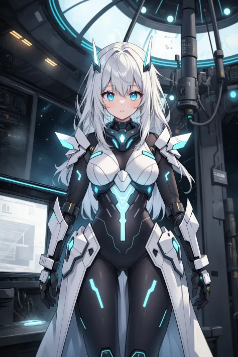 best quality,1girl, space ship interior, futuristic detailed armor, glowing, bioluminescence,