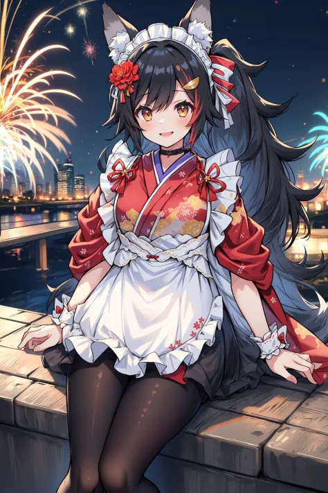 best quality,1girl, mionewyears, ponytail, hair ornament, red kimono, flower print, white apron, frills, wrist cuffs, maid headdress, black pantyhose, wolf tail,   sitting on backyard, fireworks, smiling, tilted head, night,  