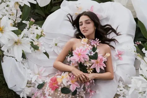 1girl, (barely NSFW), ((bokeh:0.4)), ethereal expanse of dreams, wide aperture, classic noir cinematography, floral dress