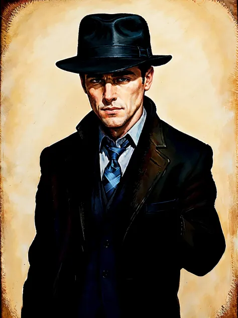 Ilustración de Connor Brothers de un detective masculino atractivo con un fedora, fondo pintado  