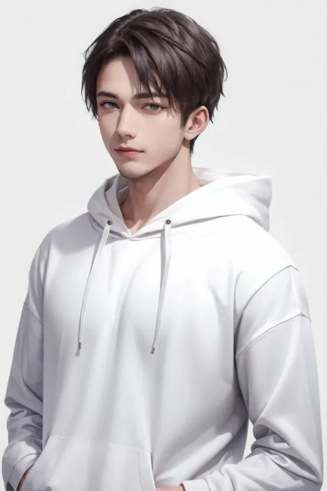 A man wearing a white hoodie, clean background, white background,Bright, high exposure,Best quality