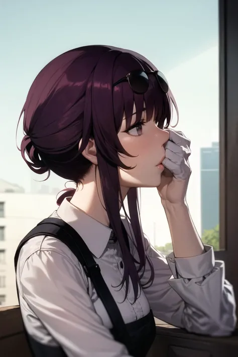 anime girl with purple hair and black suspenders sitting on a window sill