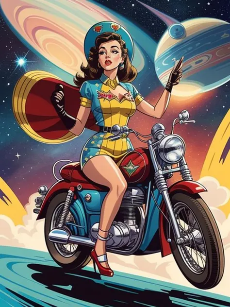 a woman riding a motorcycle with a planet in the background