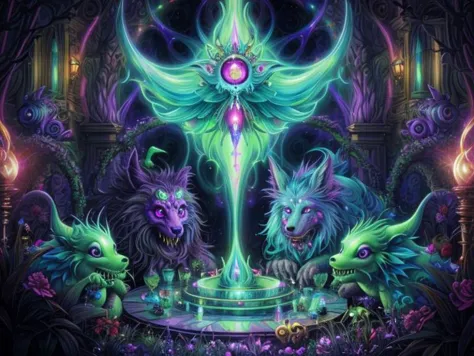 a painting of three monsters in a dark room with a fountain