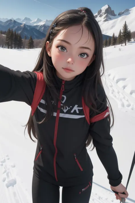 (masterpiece, best quality), 1girl, selfie, mountains, ski