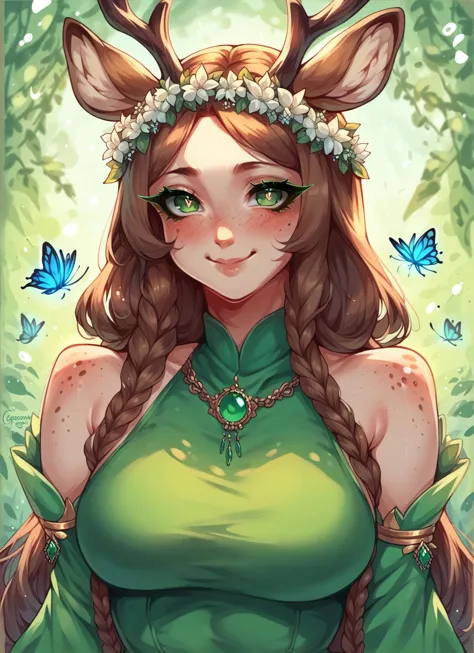 a girl with long hair and a green dress with a deer headband