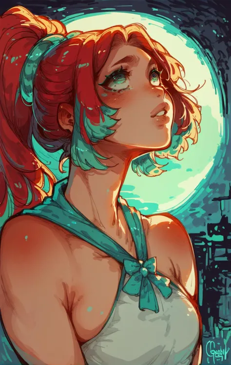 a woman with red hair and a green top is looking up at the moon