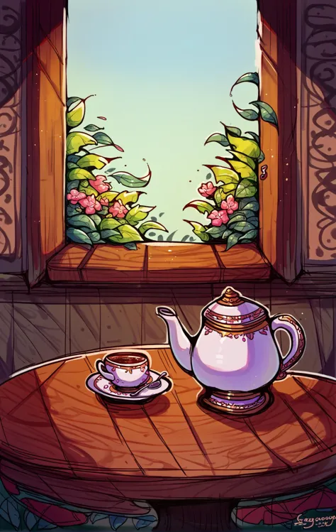 a cartoon teapot and cup on a table in front of a window