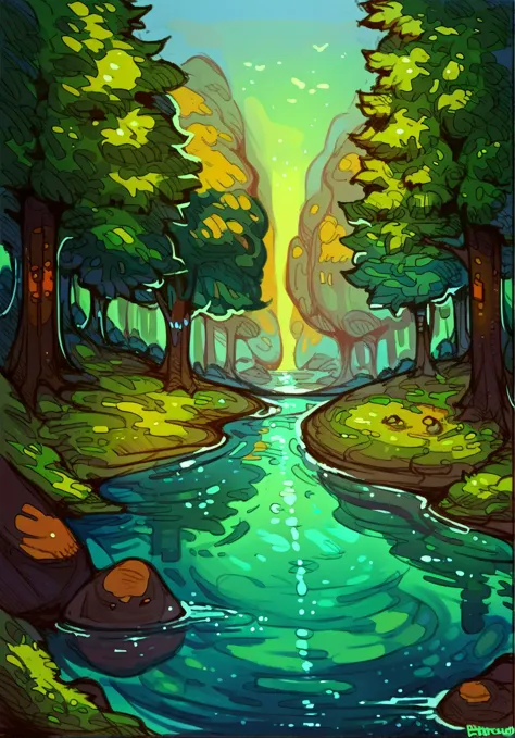 a cartoon style painting of a river in a forest