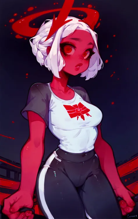 a cartoon girl with a red angel on her head and a white shirt