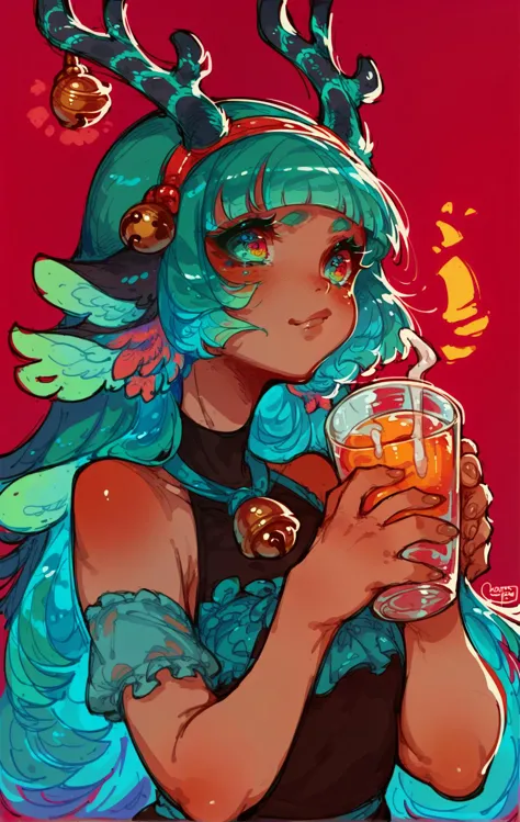 a drawing of a woman with blue hair holding a glass of beer