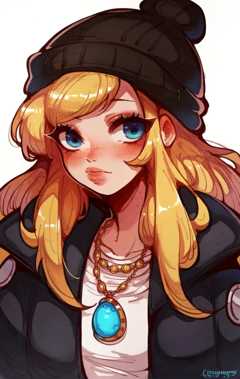 a close up of a cartoon girl with a hat and a necklace