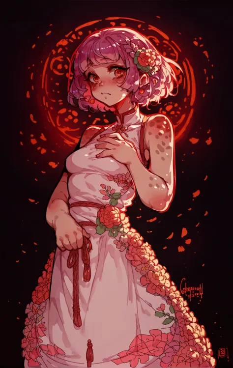 a drawing of a woman in a dress with flowers on her head