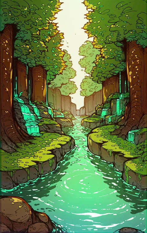 a cartoon picture of a river running through a forest