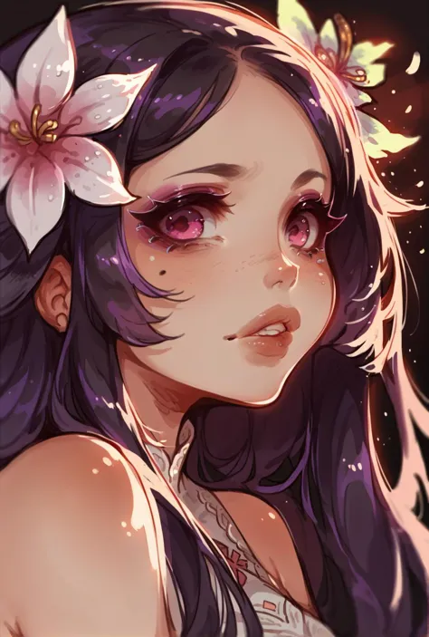 score_9,score_8_up,score_7_up,score_6_up,score_5_up,score_4_up 1girl,solo,long hair,looking at viewer,black hair,hair ornament,bare shoulders,purple eyes,purple hair,flower,parted lips,teeth,hair flower,pink eyes,mole,blurry,lips,eyelashes,makeup,depth of field,leaf,sunlight,plant,portrait,close-up,freckles,realistic,nose,dappled sunlight <lora:Syvaron:0.6>, <lora:Lunas-GreenuCorm-SDXL-A1:0.8>,neon, colored outlines, glow, rimlight, black background, <lora:Himukai_Yuuji_XL:0.8>,