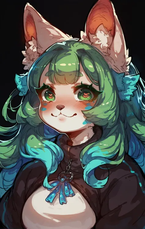 a close up of a cartoon cat with green hair and blue eyes