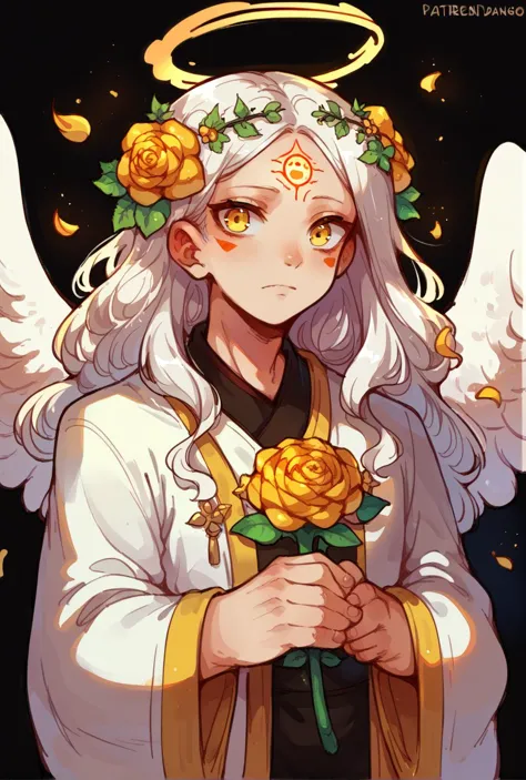 a cartoon picture of an angel holding a rose in her hands