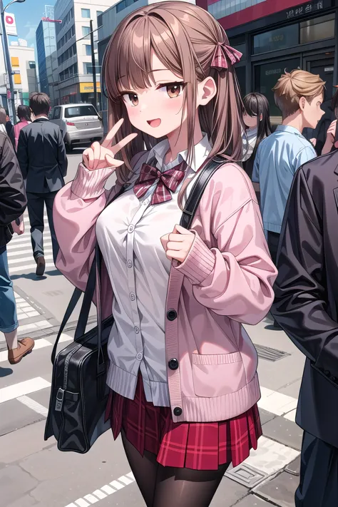 anime girl in a school uniform walking down a busy street