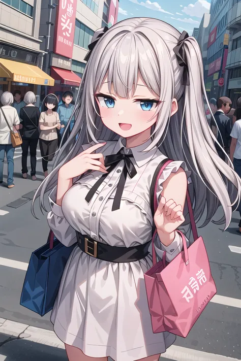 anime girl with long gray hair and blue eyes holding a pink bag