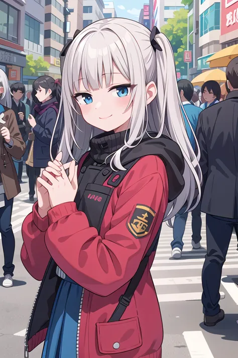 anime girl with long white hair and blue eyes standing in a crowded street