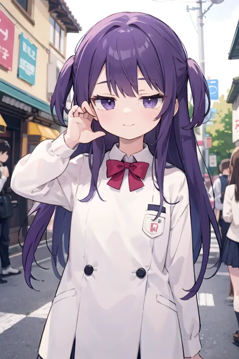 anime girl in white coat and red bow tie walking down the street