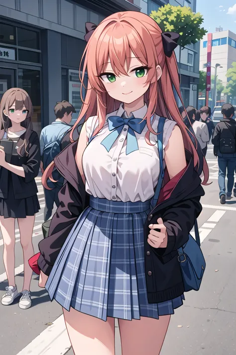 anime girl in school uniform walking down the street with a group of people