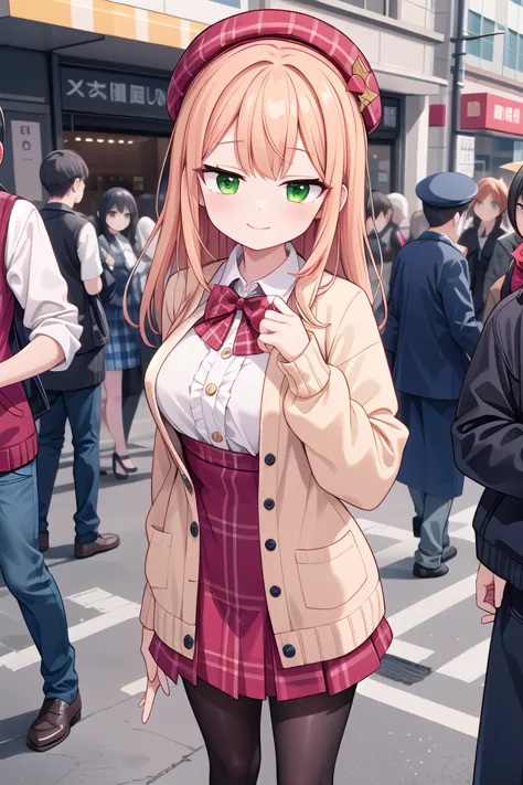 anime girl in school uniform standing on a busy street