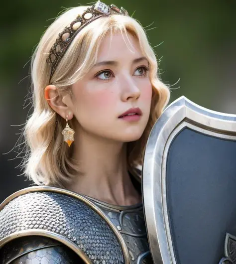 1girl, middle earth Paladin ,Wearing war armor ,enchanted sword and a powerful shield, detail armor, rusty armor, chainmail, queen tiara, fighting goblins to protect innocent villagers, Enchantress, Short, Thin, Square Face, Olive Skin, Platinum Blonde Hair, gold Eyes, Short Nose, Thin Lips, Round Chin, Shoulder-Length Hair, Curly Hair, Blunt Bangs, soft breasts, Huggie earrings, lavender satin lipstick, A volcanic wasteland, with rivers of fire flowing into a molten sea, (close-up:1), (look at viewer),8K, (best quality:1.2), (masterpiece:1.37), (photo, photorealistic:1.37), (ultrahigh-res), photographed by Canan EOS R6, 135mm, 1/1250s, f/2.8, ISO 400