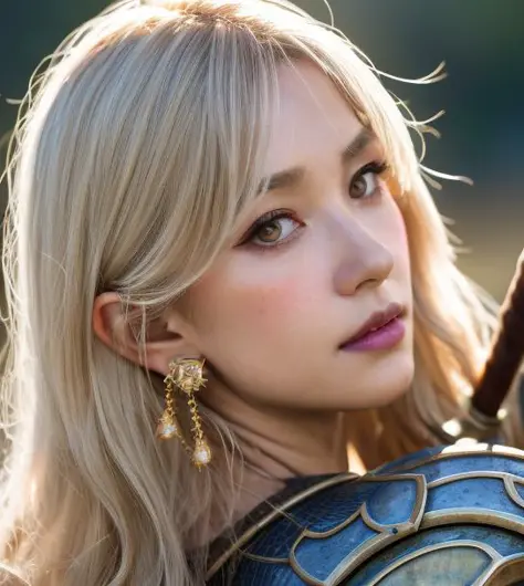 1girl, middle earth Paladin ,Wearing war armor ,enchanted sword and a powerful shield, detail armor, rusty armor, chainmail, queen tiara, fighting goblins to protect innocent villagers, Enchantress, Short, Thin, Square Face, Olive Skin, Platinum Blonde Hair, gold Eyes, Short Nose, Thin Lips, Round Chin, Shoulder-Length Hair, Curly Hair, Blunt Bangs, soft breasts, Huggie earrings, lavender satin lipstick, A volcanic wasteland, with rivers of fire flowing into a molten sea, (close-up:1), (look at viewer),8K, (best quality:1.2), (masterpiece:1.37), (photo, photorealistic:1.37), (ultrahigh-res), photographed by Canan EOS R6, 135mm, 1/1250s, f/2.8, ISO 400