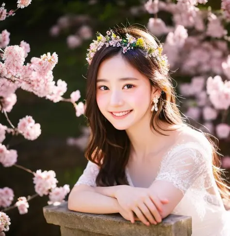 1girl, 20yo, 8k, RAW photo, best quality, masterpiece, realistic, photo-realistic, backlights, cinematic lights, light on face, detailed face, cowboy shot, sheer dress, cherry blossoms garden, flower crown, earrings, (smile and sleepy and tired)