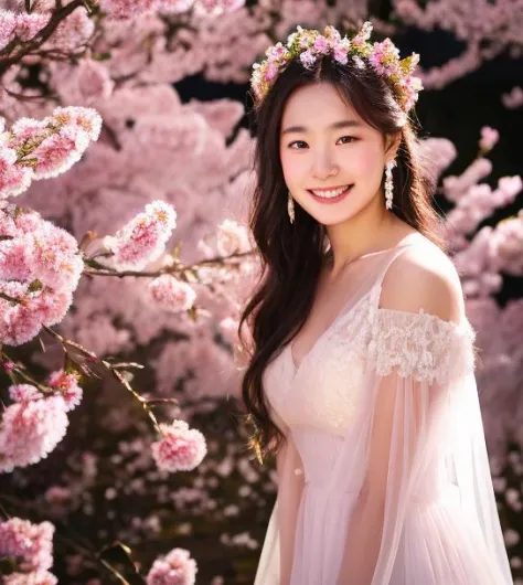 1girl, 20yo, 8k, RAW photo, best quality, masterpiece, realistic, photo-realistic, backlights, cinematic lights, light on face, detailed face, cowboy shot, sheer dress, cherry blossoms garden, flower crown, earrings, (smile and sleepy and tired)