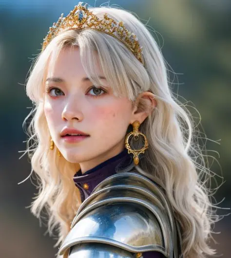 1girl, middle earth Paladin ,Wearing war armor ,enchanted sword and a powerful shield, detail armor, rusty armor, chainmail, queen tiara, fighting goblins to protect innocent villagers, Enchantress, Short, Thin, Square Face, Olive Skin, Platinum Blonde Hair, gold Eyes, Short Nose, Thin Lips, Round Chin, Shoulder-Length Hair, Curly Hair, Blunt Bangs, soft breasts, Huggie earrings, lavender satin lipstick, A volcanic wasteland, with rivers of fire flowing into a molten sea, (close-up:1), (look at viewer),8K, (best quality:1.2), (masterpiece:1.37), (photo, photorealistic:1.37), (ultrahigh-res), photographed by Canan EOS R6, 135mm, 1/1250s, f/2.8, ISO 400