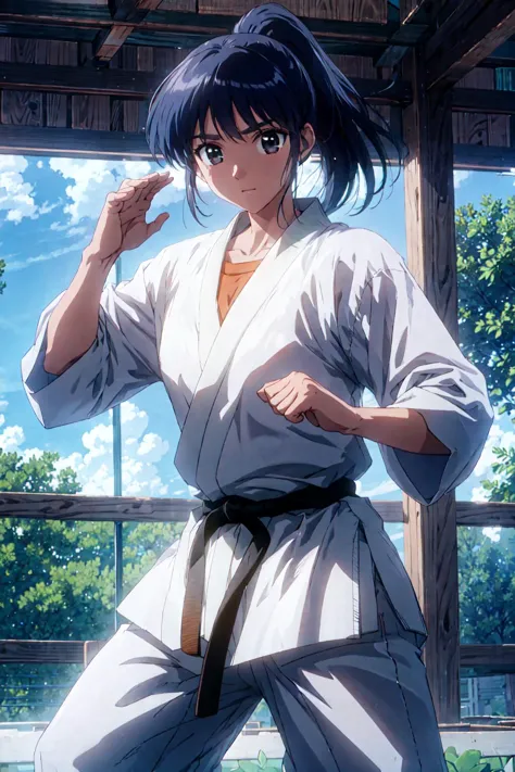 , best quality, masterpiece, suoumikoto, dougi, solo, 1girl, fighting stance, ponytail, black hair, black belt <lora:suoumikoto:...