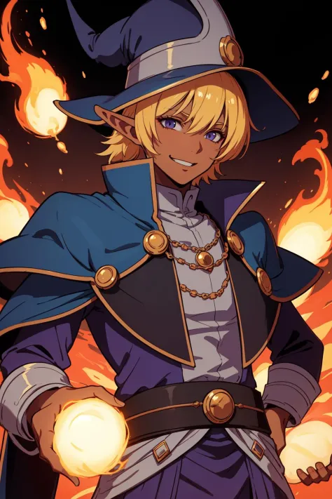 masterpiece, high quality, best quality, beautiful, hd, realistic, perfect lighting, detailed face, detailed body, 1 man, yellow hair, elf, brutal, skinny, dark purple magician hat, dark purple magician clothes, dark skin, evil smile, fire magic,