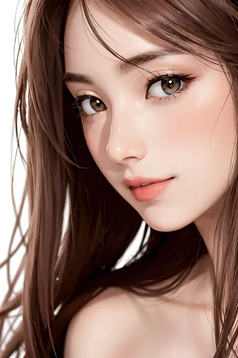 (nude:1.4), official art, masterpiece, best quality, unity 8k wallpaper, photorealistic, ultra detailed, extremely detailed, elegant, beautiful, aesthetic, romanticism, 1girl, beauty, small face, smile, pale skin, (brown eyes), black long hair, (hair blowing in the wind), ((detailed long hair)), front shot, (close up:1.6), face focus, (white background:1.4),  <lora:FilmG3:0.2>