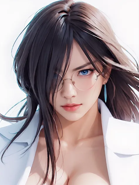 a close up of a woman with glasses and a white shirt