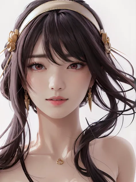 (nude:1.4),official art,masterpiece,best quality,unity 8k wallpaper,photorealistic,ultra detailed,extremely detailed,elegant,beautiful,aesthetic,romanticism,1girls,beauty,smile,pale skin,((brown eyes)),black long hair,(hair blowing in the wind),((detailed long hair)),small face,(close up:1.6),face focus,(white background:1.4),<lora:FilmG3:0.1>,<lora:yor_briar-10:1.4>,(((yor_briar,red eyes,hairband,jewelry,earrings,hair ornament,gold hairband))),