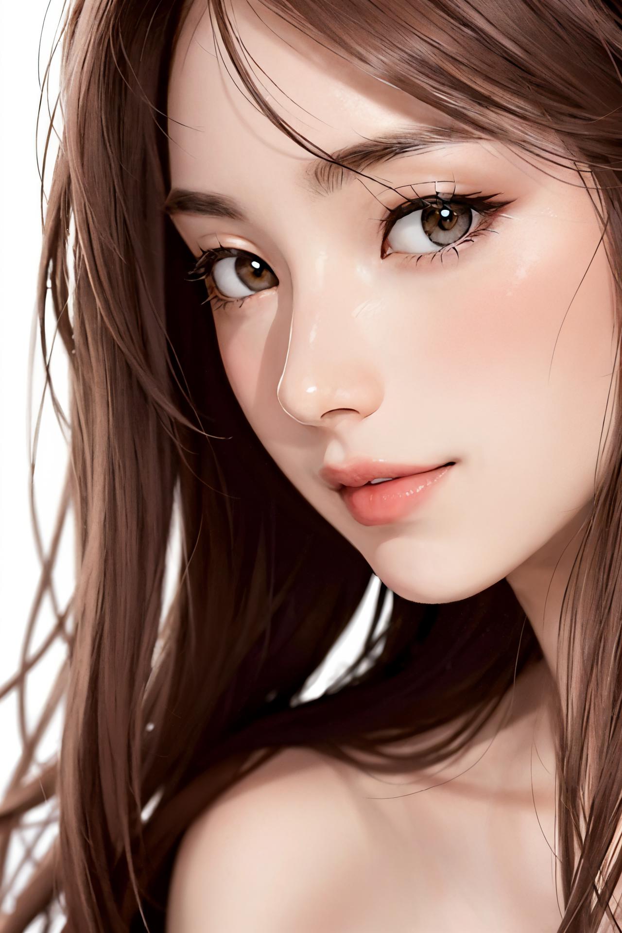 A close up of a woman with long brown hair and a white background - SeaArt  AI