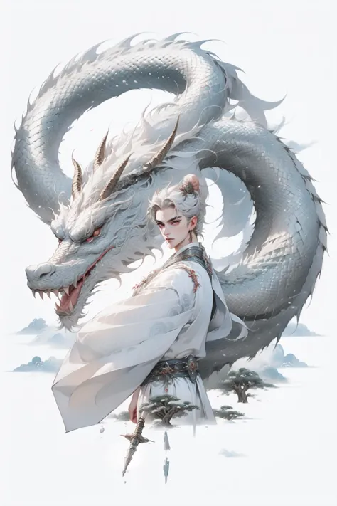 portrait of (1man), 22 y.o., ((long floating white hairs)), action pose, hanfu fashion, (half_body:1.5), red chinese dragon back...