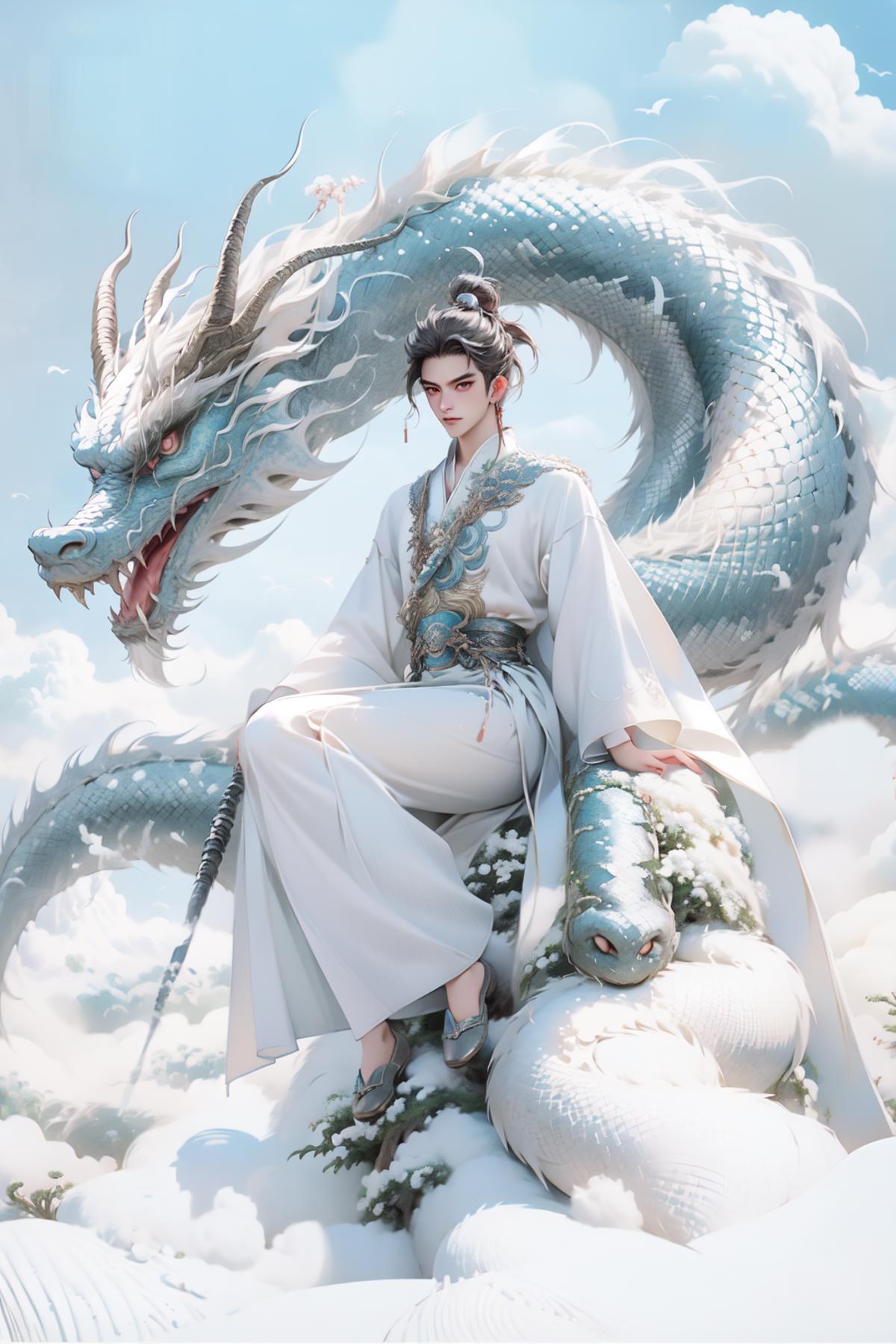 A woman sitting on a rock with a dragon in the background - SeaArt AI