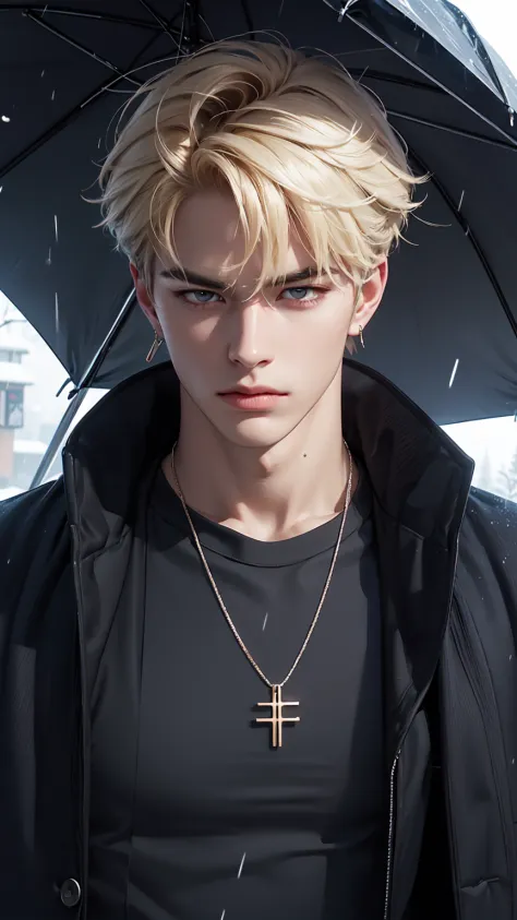 handsome male,muscular,handsome male,muscular,blonde hair,bangs,ribbed sweater,pendant,best quality,scowl,hand_to_mouth,in the rain,in winter,
