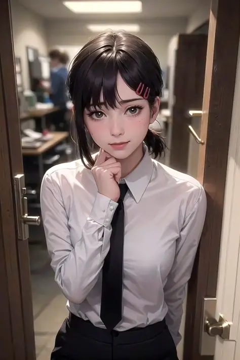 masterpiece, best quality, ultra-detailed, illustration, epic lighting, cinematic composition, isometric, <lora:kobeni_v10:1> 1girl, solo, cute, brown eyes, black hair, swept bangs, single sidelock, red hairclip, white collared shirt, black necktie, black pants, formal, enchanting gaze, captivating pose, indoors, office, door, opening door, looking at viewer, peeking out upper body, blush, seductive smile, closed mouth,(8k:1.1),