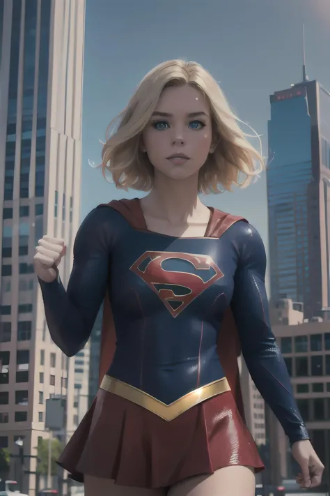 Photoréaliste, rendu d&#39;octane, Meilleure qualité, netteté, 8k, 4k, chef-d&#39;œuvre,   une femme m111y,  Super Girl, Milly Alcock porte une tenue de Supergirl, cheveux blond, yeux bleus, Cheveux courts, Cheveux de séparation au centre, face au spectateur, regarder le spectateur, poing serré, New York, Ville, grattes ciels,