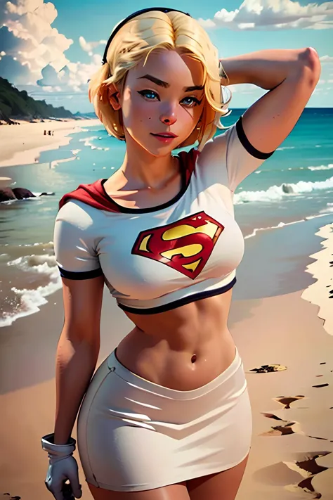 photorealistic, octane render, best quality, sharp focus, 8k, 4k, Masterpiece,   a woman m111y,   Milly Alcock, blonde hair, blue eyes, short hair, centre parting hair, facing viewer, looking at viewer, upper body,  Supergirl, short hair, black hairband, white croptop, short sleeves, red cape, blue pencil skirt, red boots, white gloves, outside, beach, sand, ocean, clouds, facing viewer, looking at viewer, hands behind head, biting lip