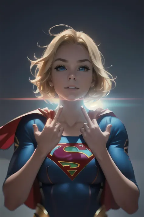 a woman in a superman costume with a light shining behind her