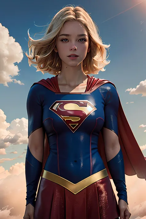 fotorealistisch, octane render, beste Qualität, scharfer Fokus, 8k, 4k, Meisterwerk,   eine Frau m111y,  Super-Mädchen, Milly Alcock im Supergirl-Outfit, Blondes Haar, blaue Augen, Kurzes Haar, Mittelscheitel Haare, Blick auf den Betrachter, Betrachter betrachten, Oberkörper, roter Umhang, Blaues Shirt, belt,  Draußen, Fliegender Himmel, Wolken,