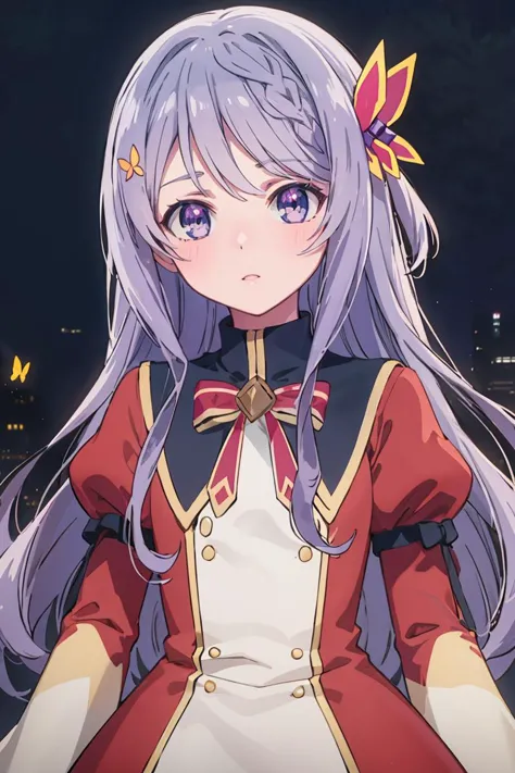 masterpiece, best quality, ultra-detailed, glistening shiny, glowing light, ray tracing, HDR, deph of field, (perfect face, detailed face), <lora:FloraBeltrum:0.8>, florabeltrum, long hair, crown braid, butterfly hair ornament, school uniform, red dress, black collar, puffy sleeves, long sleeves, red bowtie