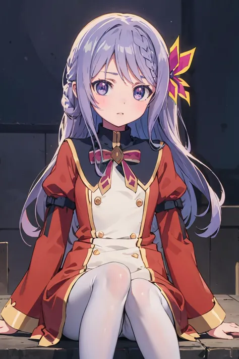 masterpiece, best quality, ultra-detailed, glistening shiny, glowing light, ray tracing, HDR, deph of field, (perfect face, detailed face),  <lora:FloraBeltrum:0.9>, florabeltrum, long hair, crown braid, butterfly hair ornament, school uniform, red dress, black collar, puffy sleeves, long sleeves, red bowtie, white pantyhose